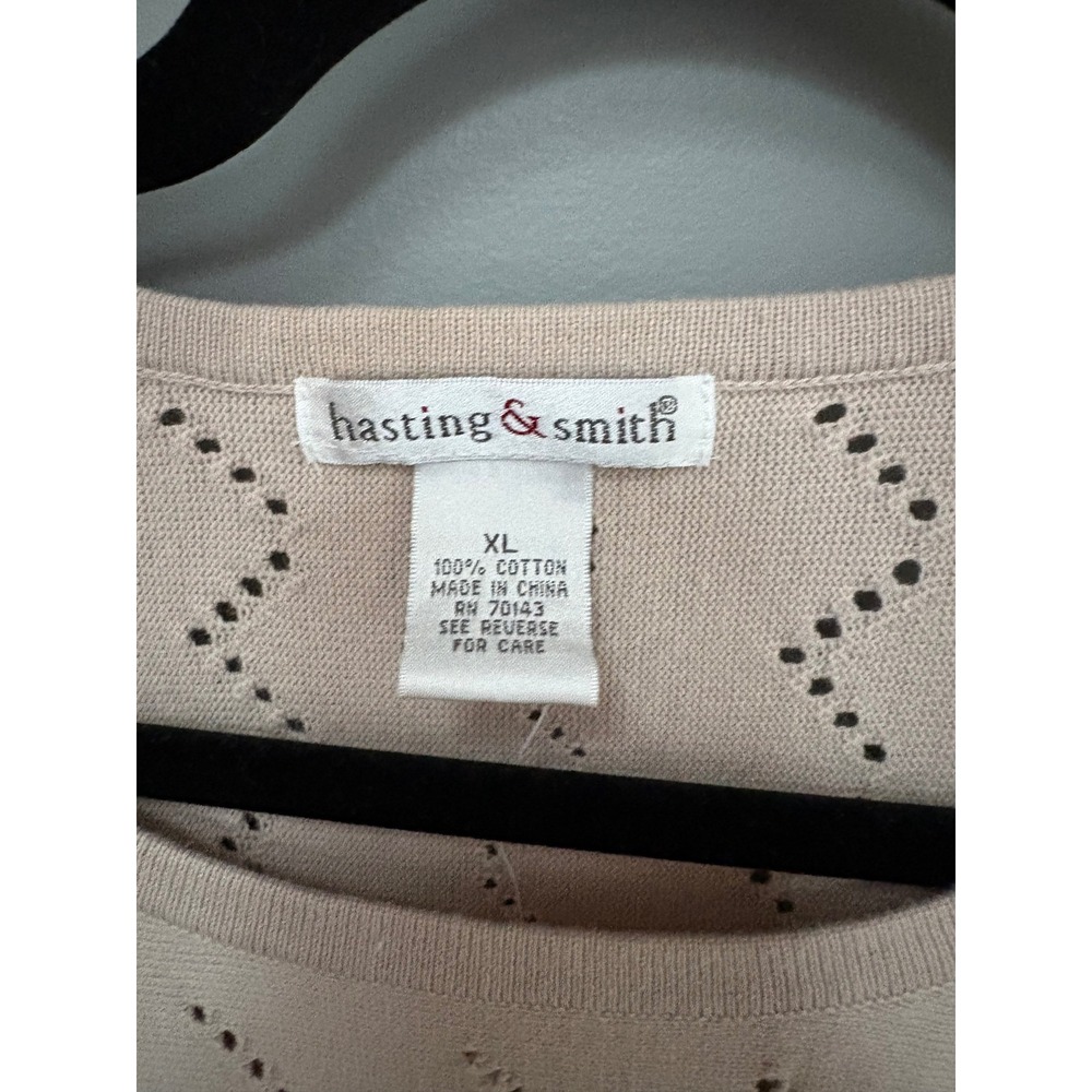 Hasting & Smith Beige Pointelle Knit Fringe Hem Top XL Cotton Boho Short Sleeve - Picture 2 of 7